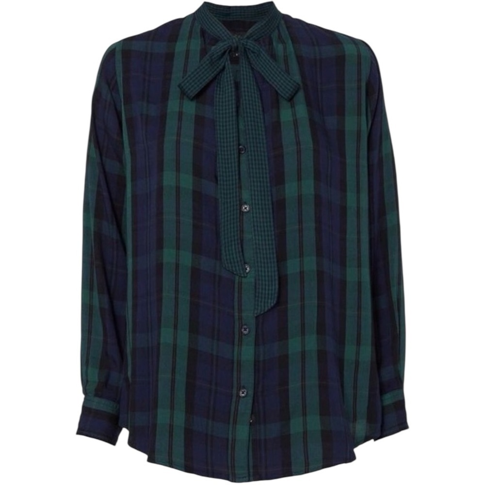 RAILS Corinne Tie-Neck Plaid Button Down Top Navy Blue Green Flannel Shirt Small